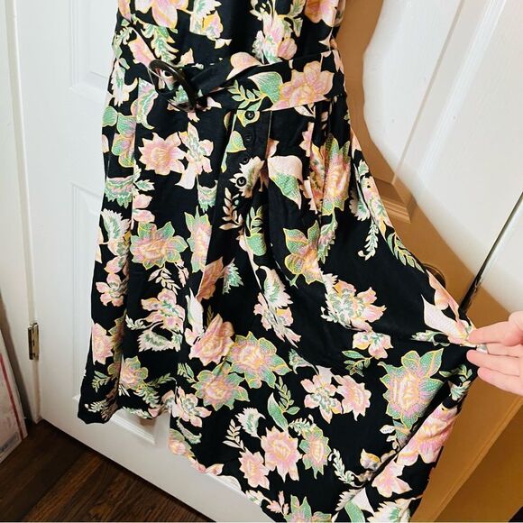 Love for Humanity Black Pink Floral Belted Flare Pinafore Midi Dress Black XXL - Picture 3 of 12